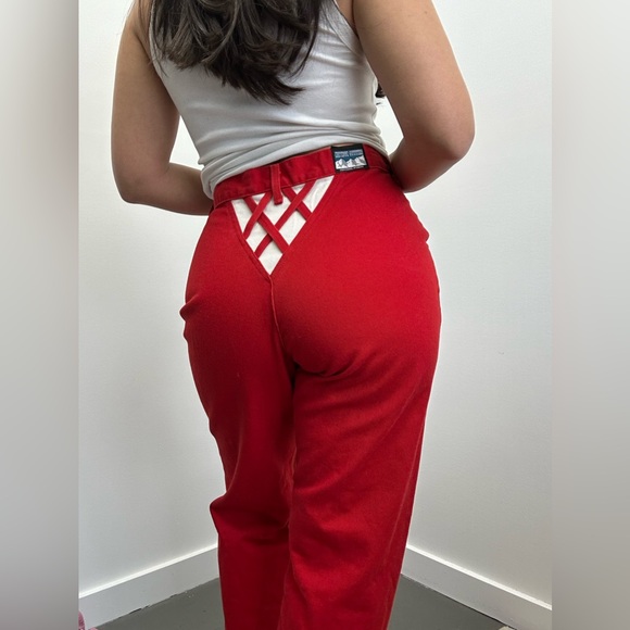 Vintage Denim - ⛔️SOLD⛔️Vintage 80’s Red High Rise Straight Leg Jeans Lattice Triangle Back Siz